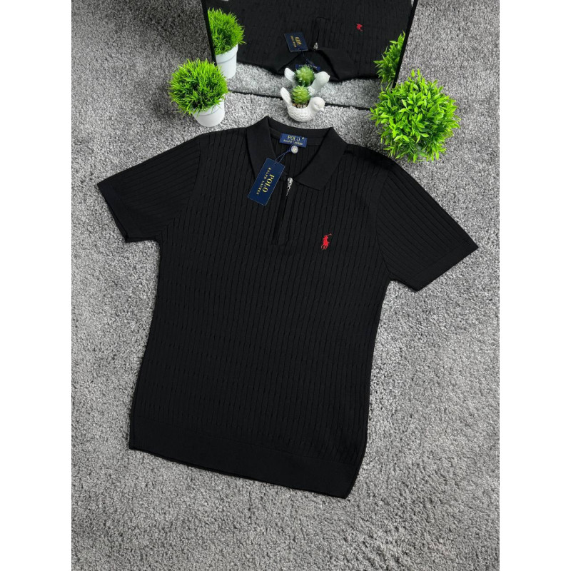 Чорна трикотажна футболка поло Polo Ralph Lauren чоловіча на блискавці, брендове поло Поло Ральф Лоурен з логотипом