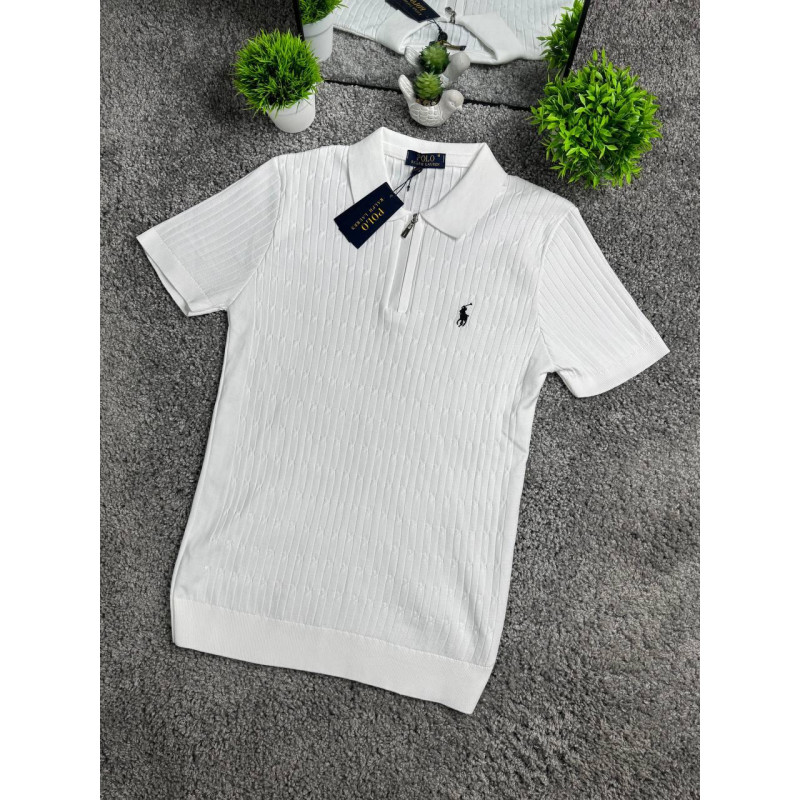 Біла трикотажна футболка Polo Ralph Lauren чоловіча на блискавці, брендове поло Поло Ральф Лоурен з логотипом