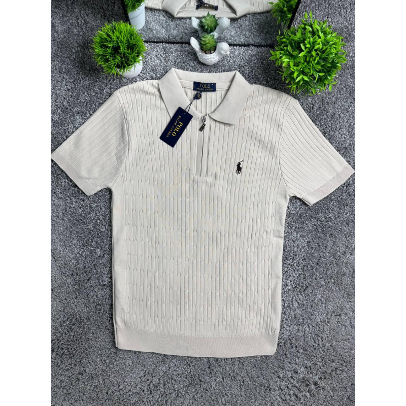 Чоловічі трикотажні футболки поло Polo Ralph Lauren бежевого кольору на блискавці, поло Поло Ральф Лоурен з віскози