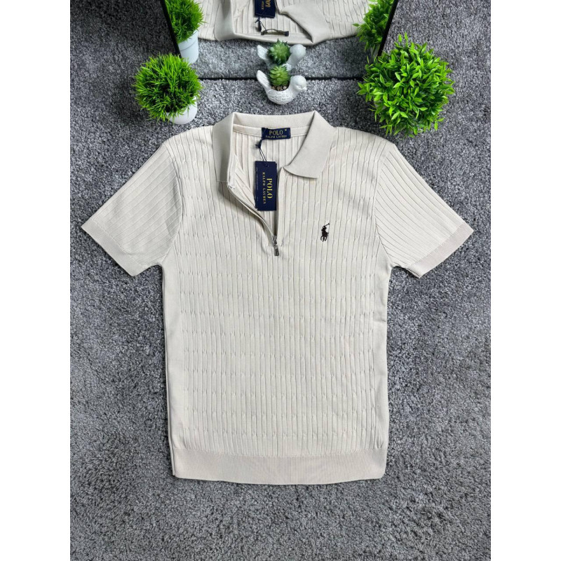 Чоловічі трикотажні футболки поло Polo Ralph Lauren бежевого кольору на блискавці, поло Поло Ральф Лоурен з віскози