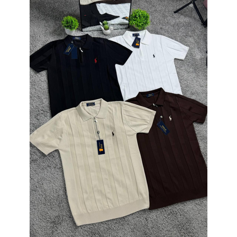 Чоловічі трикотажні футболки поло Polo Ralph Lauren в смужку на блискавці (чорний, білий, бежевий, коричневий), поло з віскози