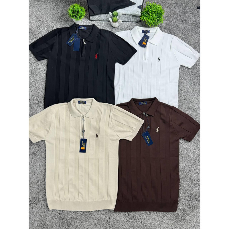 Чоловічі трикотажні футболки поло Polo Ralph Lauren в смужку на блискавці (чорний, білий, бежевий, коричневий), поло з віскози