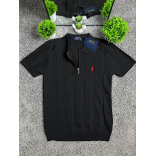 Чоловічі трикотажні футболки поло Polo Ralph Lauren чорного кольору в смужку на блискавці, поло Поло Ральф Лоурен з віскози
