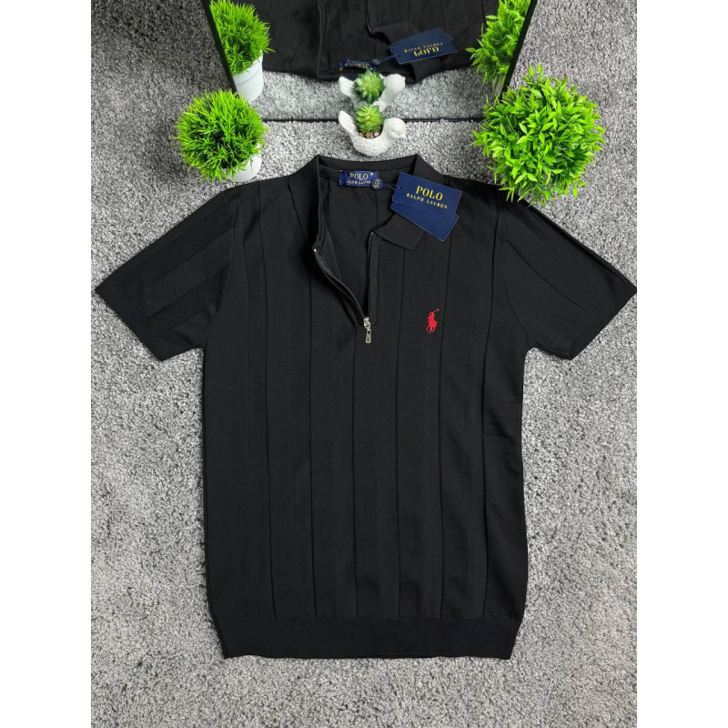 Чоловічі трикотажні футболки поло Polo Ralph Lauren чорного кольору в смужку на блискавці, поло Поло Ральф Лоурен з віскози