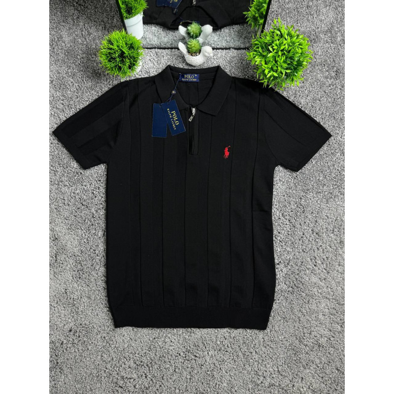 Чоловічі трикотажні футболки поло Polo Ralph Lauren чорного кольору в смужку на блискавці, поло Поло Ральф Лоурен з віскози