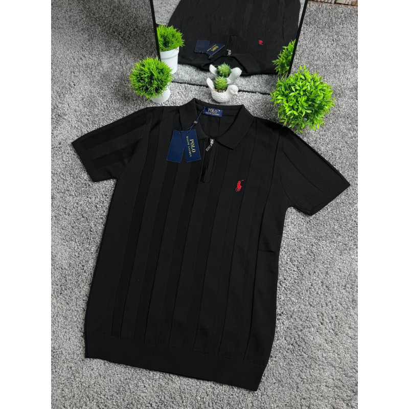 Чоловічі трикотажні футболки поло Polo Ralph Lauren чорного кольору в смужку на блискавці, поло Поло Ральф Лоурен з віскози