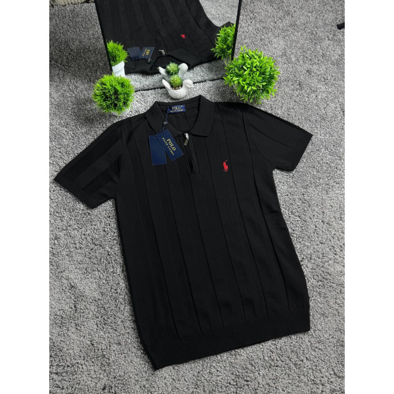 Чоловічі трикотажні футболки поло Polo Ralph Lauren чорного кольору в смужку на блискавці, поло Поло Ральф Лоурен з віскози
