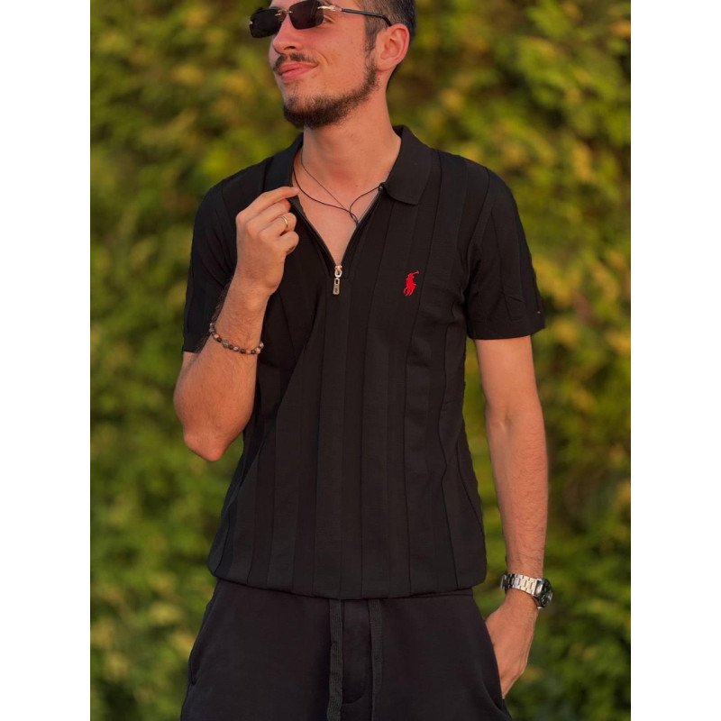Чоловічі трикотажні футболки поло Polo Ralph Lauren чорного кольору в смужку на блискавці, поло Поло Ральф Лоурен з віскози
