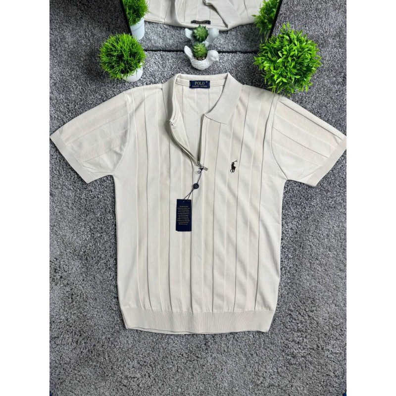 Чоловічі трикотажні футболки поло Polo Ralph Lauren бежевого кольору в смужку на блискавці, поло Поло Ральф Лоурен з віскози