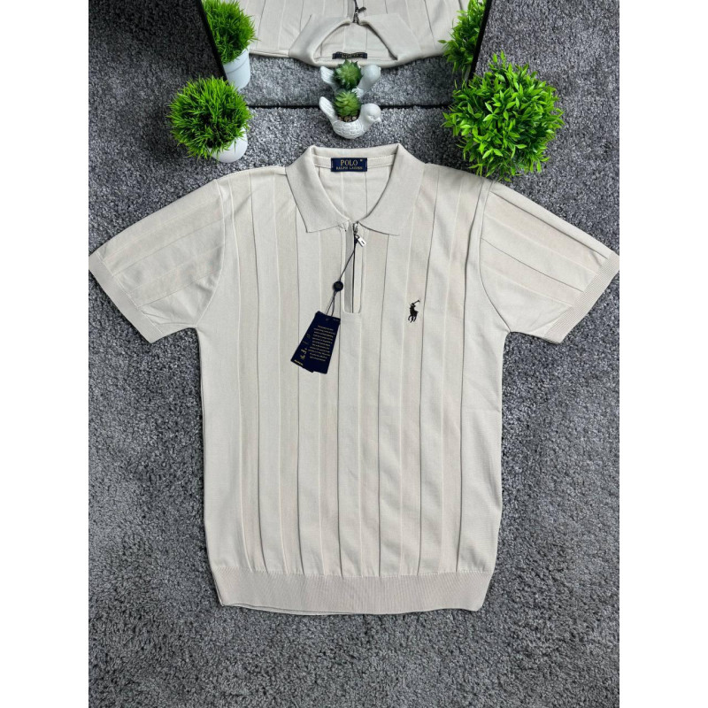 Чоловічі трикотажні футболки поло Polo Ralph Lauren бежевого кольору в смужку на блискавці, поло Поло Ральф Лоурен з віскози