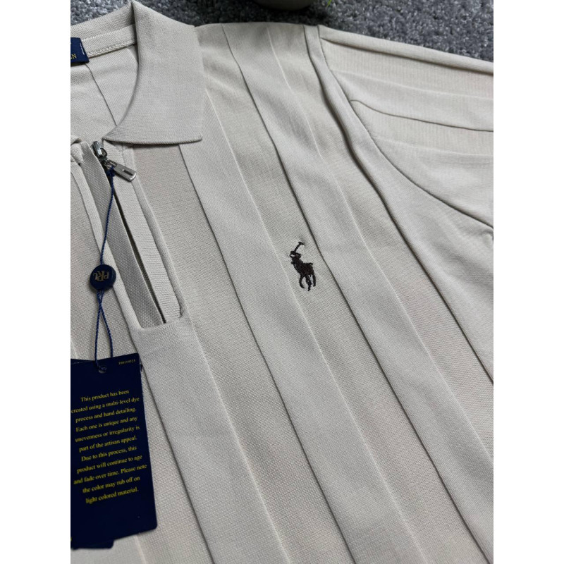 Чоловічі трикотажні футболки поло Polo Ralph Lauren бежевого кольору в смужку на блискавці, поло Поло Ральф Лоурен з віскози