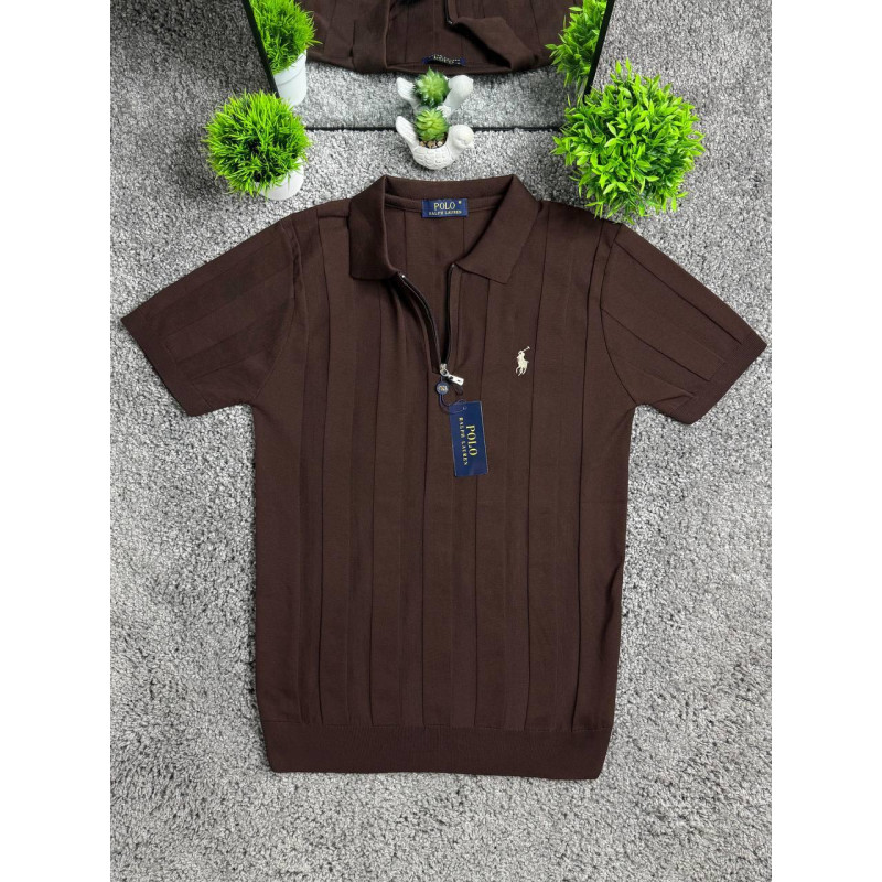 Чоловічі трикотажні футболки поло Polo Ralph Lauren коричневого кольору в смужку на блискавці, поло Поло Ральф Лоурен з віскози