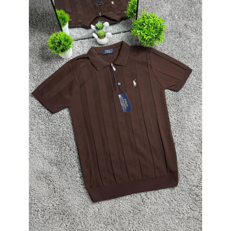 Чоловічі трикотажні футболки поло Polo Ralph Lauren коричневого кольору в смужку на блискавці, поло Поло Ральф Лоурен з віскози