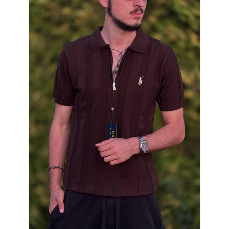 Чоловічі трикотажні футболки поло Polo Ralph Lauren коричневого кольору в смужку на блискавці, поло Поло Ральф Лоурен з віскози