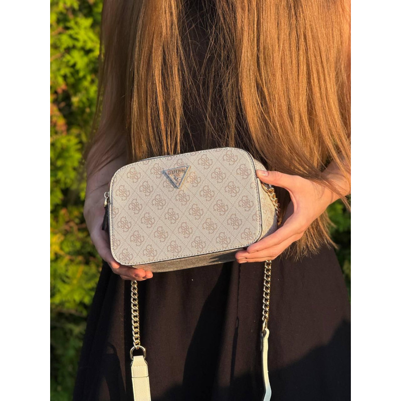 Сумка Guess жіноча бежева через плече 23×15 см, стильна кроссбоді Гесс з екошкіри, маленька повсякденна сумочка