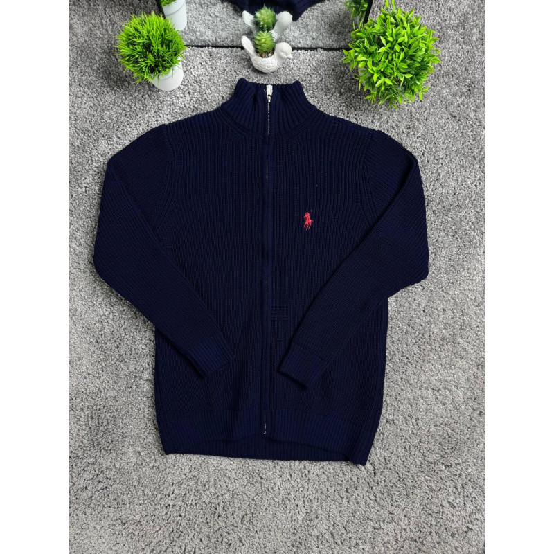 Чоловічий кардиган Polo Ralph Lauren темно-синій на блискавці, в'язана кофта Поло Ральф Лорен з бавовни, стильна сіпка