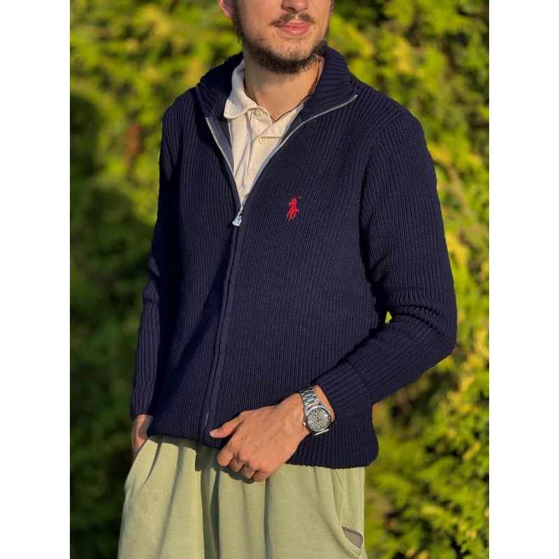 Чоловічий кардиган Polo Ralph Lauren темно-синій на блискавці, в'язана кофта Поло Ральф Лорен з бавовни, стильна сіпка