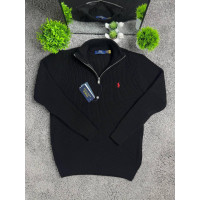 Светр Polo Ralph Lauren чоловічий чорний в'язаний 1/3 zip кофта Поло Ральф Лорен з коміром на блискавці бавовняний класичний