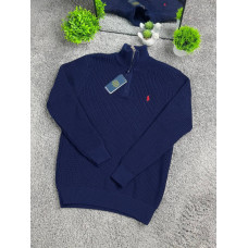 Чоловічий светр Polo Ralph Lauren 1/3 Zip темно-синій | В'язаний джемпер Поло Ральф Лорен на блискавці, бавовняна кофта преміум