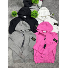 Чоловіча бавовняна толстовка зіп-худі Stone Island на блискавці з капюшоном та патчем чорна біла рожева графітова S-XL