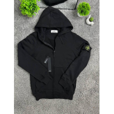 Чоловіча бавовняна толстовка зіп-худі Stone Island чорна на блискавці з капюшоном та патчем S-XL