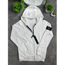 Чоловіча бавовняна толстовка зіп-худі Stone Island біла на блискавці з капюшоном та патчем S-XL