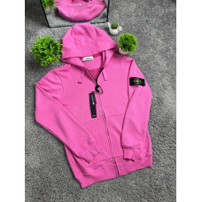 Чоловіча бавовняна толстовка зіп-худі Stone Island рожева на блискавці з капюшоном та патчем S-L