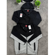 Чоловічі зип-худі Nike Tech Fleece на блискавці з капюшоном і вишитим логотипом (чорна, чорно-сіра) - спортивна кофта-зіпка Найк