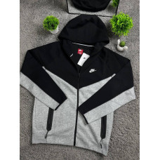 Чоловіча зип-худі Nike Tech Fleece чорно-сіра на блискавці з капюшоном і вишитим логотипом - спортивна кофта-зіпка Найк Теч Фліс н
