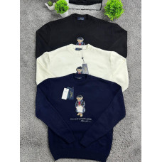 Мужской вязаный хлопковый свитер Polo Ralph Lauren с вышитым медведем Polo Bear (черный, синий, белый)