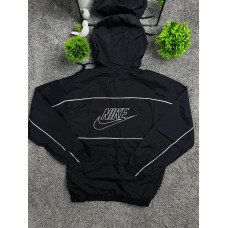 Чоловіча спортивна нейлонова вітровка Nike чорна з капюшоном, білими смугами, вишитим логотипом та оригінальними бирками