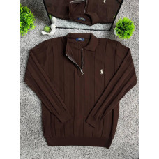 Чоловічий лонгслів Polo Ralph Lauren на блискавці 1/3 з віскози - коричневий светр Поло Ральф Лорен кофта з довгим рукавом