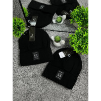 Шапка Armani Exchange чоловіча та жіноча чорна (в'язана щільна тепла шапка Армані Ексчейндж з відворотом та патчем AX) зимова дем